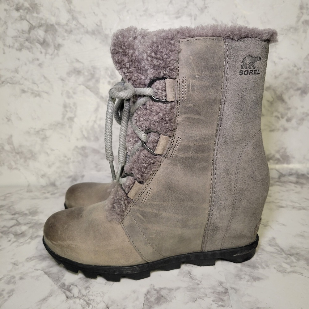 Sorel Joan of Arctic Wedge II Shearling Boots Quarry Grey Womens Size 10‎